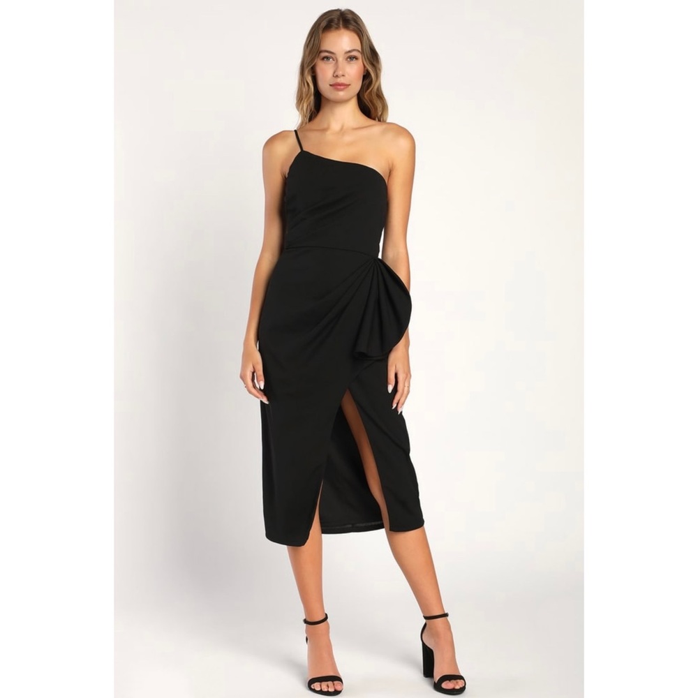 Love You Best Black One-Shoulder Ruffled Tulip Midi Dress
